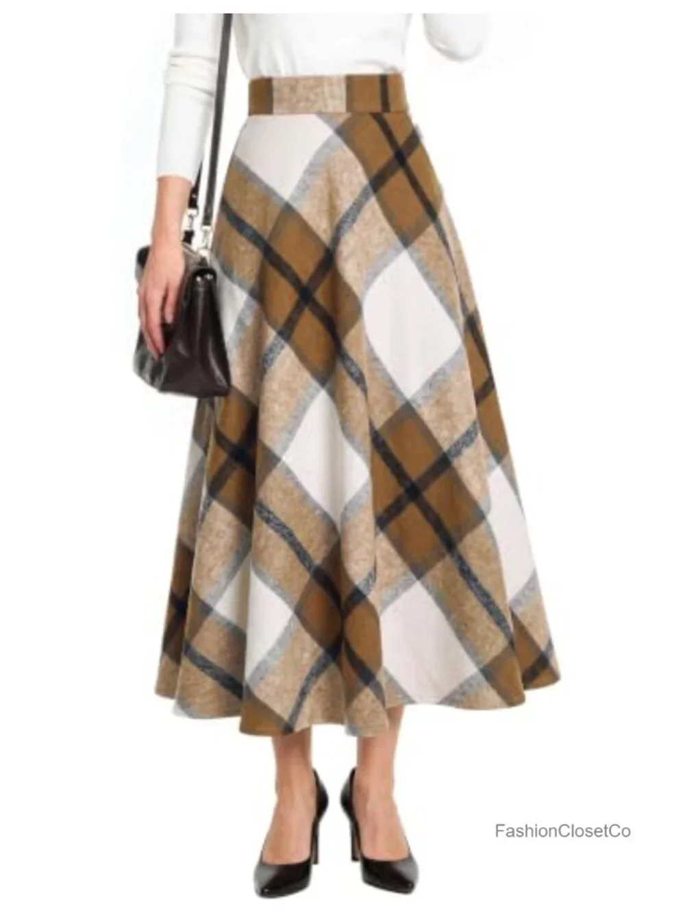 Elastic Waist Plaid Midi Skirt with Pockets